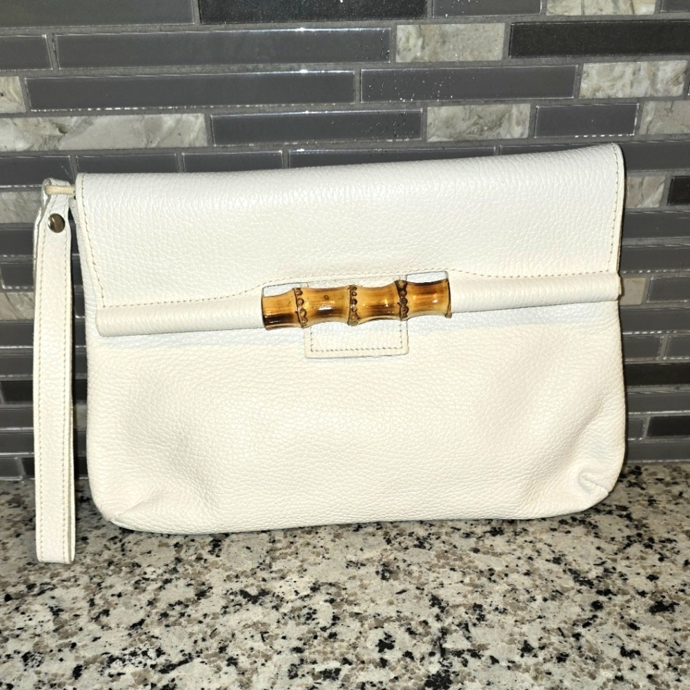 Cecconi Piero White Leather Clutch with Bamboo Accent